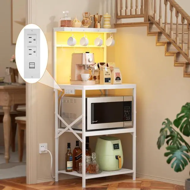 Main image of Korfile Kitchen Bakers Rack with Power Outlet & LED Lights, Small Coffee Bar Table with Adjustable Storage Shelf, 4 Tiers Microwave Stand with 8 Hooks, Coffee Station for Appliance Organizer, White