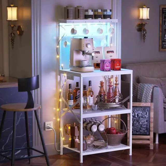Alt view image 2 of 7 - Korfile Kitchen Bakers Rack with Power Outlet & LED Lights, Small Coffee Bar Table with Adjustable Storage Shelf, 4 Tiers Microwave Stand with 8 Hooks, Coffee Station for Appliance Organizer, White
