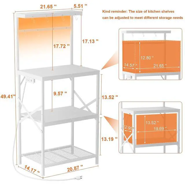 Alt view image 3 of 7 - Korfile Kitchen Bakers Rack with Power Outlet & LED Lights, Small Coffee Bar Table with Adjustable Storage Shelf, 4 Tiers Microwave Stand with 8 Hooks, Coffee Station for Appliance Organizer, White