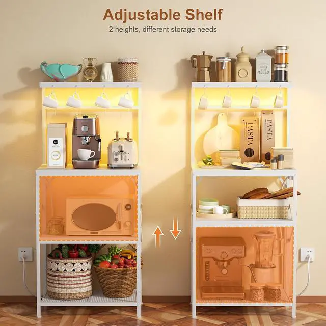 Alt view image 4 of 7 - Korfile Kitchen Bakers Rack with Power Outlet & LED Lights, Small Coffee Bar Table with Adjustable Storage Shelf, 4 Tiers Microwave Stand with 8 Hooks, Coffee Station for Appliance Organizer, White
