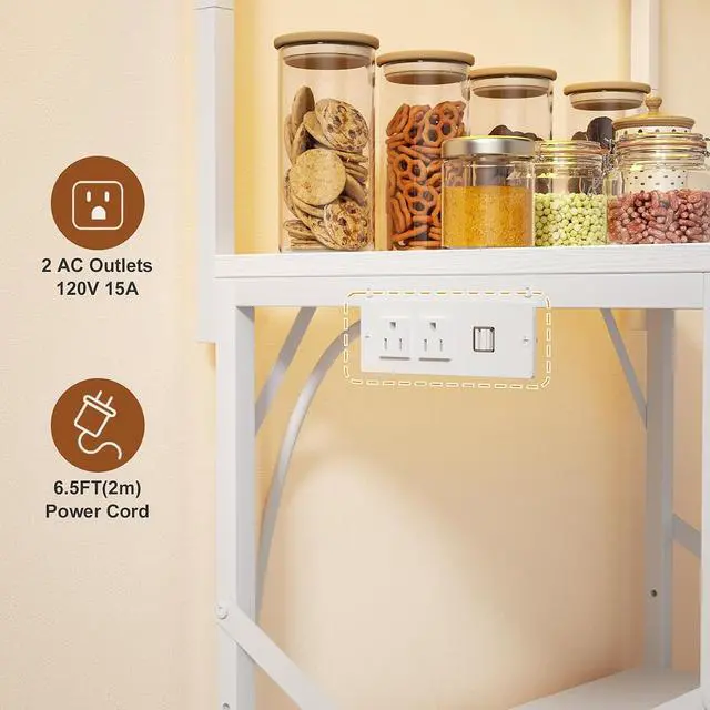 Alt view image 6 of 7 - Korfile Kitchen Bakers Rack with Power Outlet & LED Lights, Small Coffee Bar Table with Adjustable Storage Shelf, 4 Tiers Microwave Stand with 8 Hooks, Coffee Station for Appliance Organizer, White