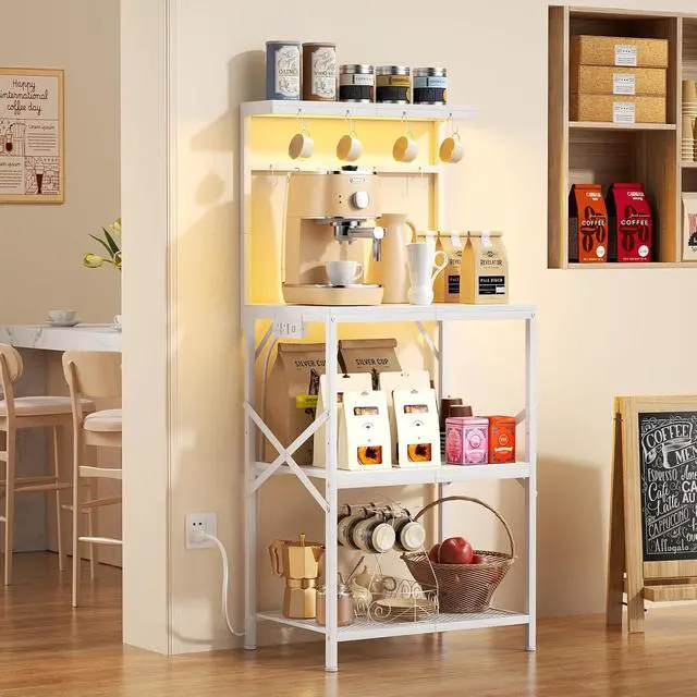 Alt view image 7 of 7 - Korfile Kitchen Bakers Rack with Power Outlet & LED Lights, Small Coffee Bar Table with Adjustable Storage Shelf, 4 Tiers Microwave Stand with 8 Hooks, Coffee Station for Appliance Organizer, White