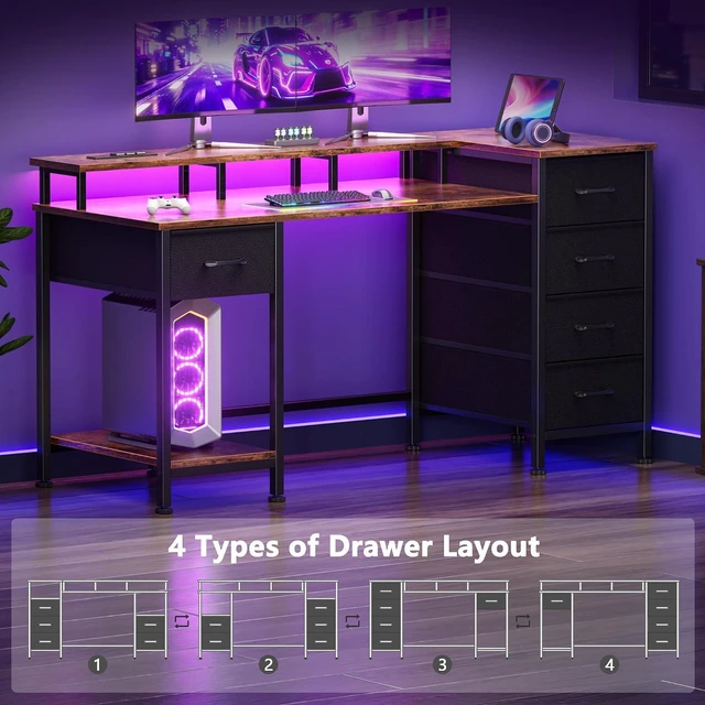 Alt view image 6 of 7 - Korfile 47 Inch Gaming Desk with Power Outlets and LED Lights, Reversible Computer Desk with 5 Fabric Storage Drawers, Home Office Desk with Monitor Stand for Working Writing Study, Rustic Brown