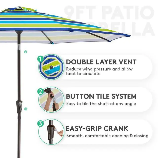 Alt view image 2 of 7 - JEAREY 9FT Outdoor Patio Umbrella Outdoor Table Umbrella with Push Button Tilt and Crank, Market Umbrella 8 Sturdy Ribs UV Protection Waterproof for Garden, Deck, Backyard, Pool (Blue-Green Stripe)