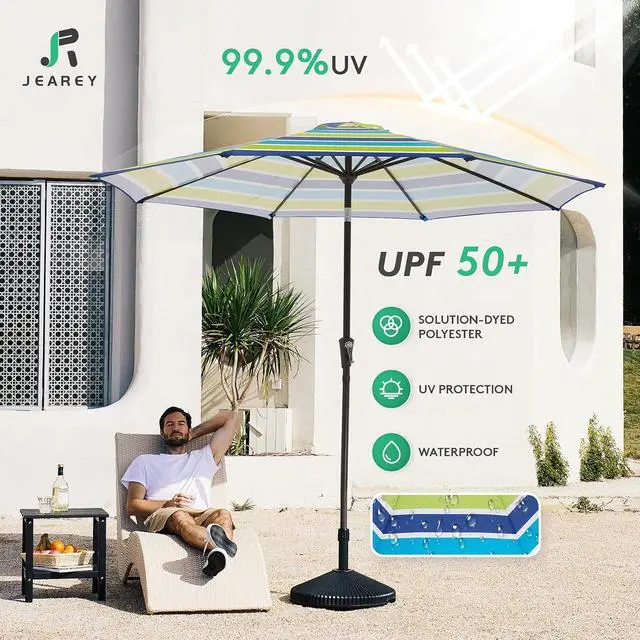 Alt view image 3 of 7 - JEAREY 9FT Outdoor Patio Umbrella Outdoor Table Umbrella with Push Button Tilt and Crank, Market Umbrella 8 Sturdy Ribs UV Protection Waterproof for Garden, Deck, Backyard, Pool (Blue-Green Stripe)