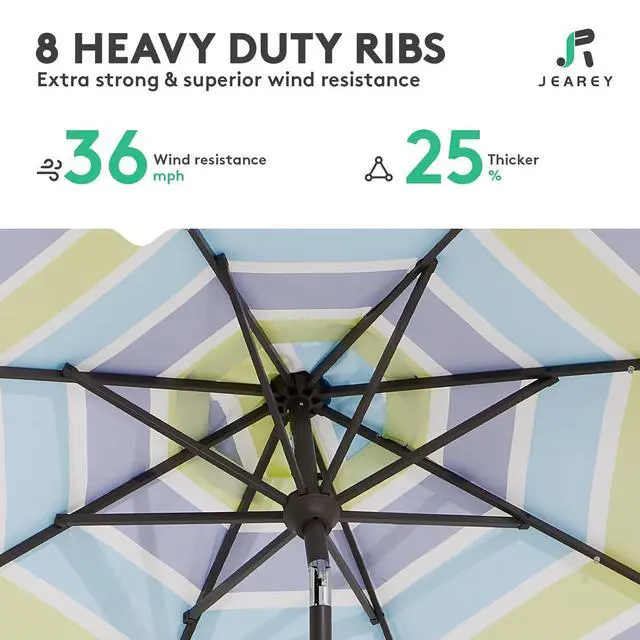 Alt view image 5 of 7 - JEAREY 9FT Outdoor Patio Umbrella Outdoor Table Umbrella with Push Button Tilt and Crank, Market Umbrella 8 Sturdy Ribs UV Protection Waterproof for Garden, Deck, Backyard, Pool (Blue-Green Stripe)