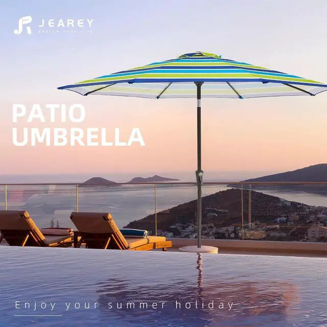 Alt view image 7 of 7 - JEAREY 9FT Outdoor Patio Umbrella Outdoor Table Umbrella with Push Button Tilt and Crank, Market Umbrella 8 Sturdy Ribs UV Protection Waterproof for Garden, Deck, Backyard, Pool (Blue-Green Stripe)