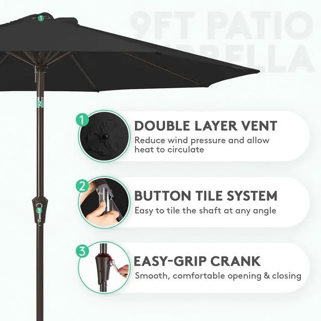 Alt view image 2 of 7 - JEAREY 9FT Outdoor Patio Umbrella Outdoor Table Umbrella with Push Button Tilt and Crank, Market Umbrella 8 Sturdy Ribs UV Protection Waterproof for Garden, Deck, Backyard, Pool (Black)