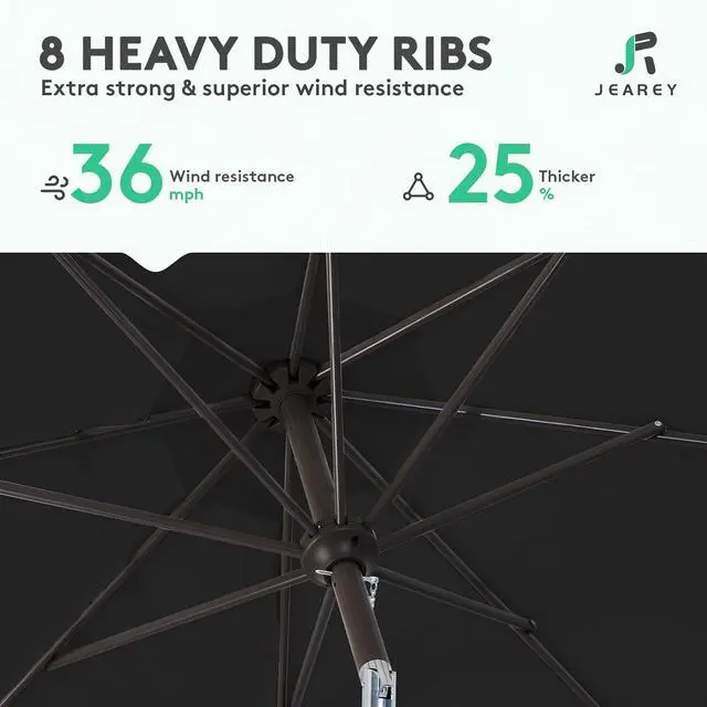 Alt view image 5 of 7 - JEAREY 9FT Outdoor Patio Umbrella Outdoor Table Umbrella with Push Button Tilt and Crank, Market Umbrella 8 Sturdy Ribs UV Protection Waterproof for Garden, Deck, Backyard, Pool (Black)
