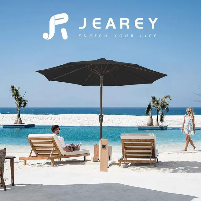 Alt view image 6 of 7 - JEAREY 9FT Outdoor Patio Umbrella Outdoor Table Umbrella with Push Button Tilt and Crank, Market Umbrella 8 Sturdy Ribs UV Protection Waterproof for Garden, Deck, Backyard, Pool (Black)