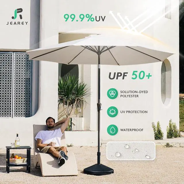 Alt view image 3 of 7 - JEAREY 9FT Outdoor Patio Umbrella Outdoor Table Umbrella with Push Button Tilt and Crank, Market Umbrella 8 Sturdy Ribs UV Protection Waterproof for Garden, Deck, Backyard, Pool (Creamy-white)