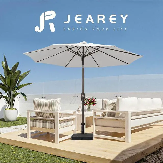 Alt view image 6 of 7 - JEAREY 9FT Outdoor Patio Umbrella Outdoor Table Umbrella with Push Button Tilt and Crank, Market Umbrella 8 Sturdy Ribs UV Protection Waterproof for Garden, Deck, Backyard, Pool (Creamy-white)