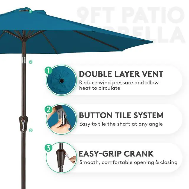 Alt view image 2 of 7 - JEAREY 9FT Outdoor Patio Umbrella Outdoor Table Umbrella with Push Button Tilt and Crank, Market Umbrella 8 Sturdy Ribs UV Protection Waterproof for Garden, Deck, Backyard, Pool (Lake Blue)