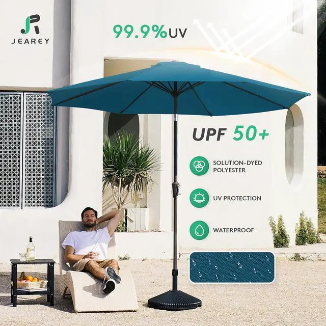 Alt view image 3 of 7 - JEAREY 9FT Outdoor Patio Umbrella Outdoor Table Umbrella with Push Button Tilt and Crank, Market Umbrella 8 Sturdy Ribs UV Protection Waterproof for Garden, Deck, Backyard, Pool (Lake Blue)