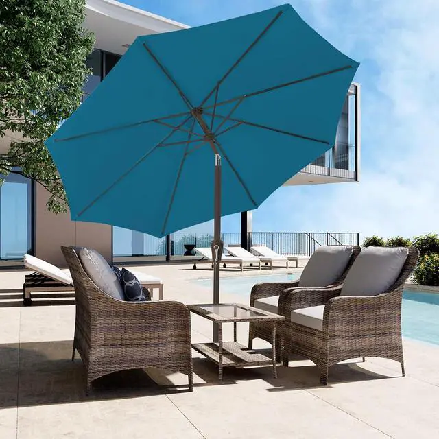 Alt view image 4 of 7 - JEAREY 9FT Outdoor Patio Umbrella Outdoor Table Umbrella with Push Button Tilt and Crank, Market Umbrella 8 Sturdy Ribs UV Protection Waterproof for Garden, Deck, Backyard, Pool (Lake Blue)