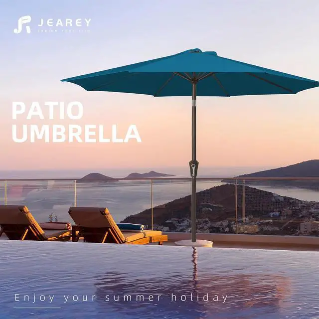 Alt view image 7 of 7 - JEAREY 9FT Outdoor Patio Umbrella Outdoor Table Umbrella with Push Button Tilt and Crank, Market Umbrella 8 Sturdy Ribs UV Protection Waterproof for Garden, Deck, Backyard, Pool (Lake Blue)