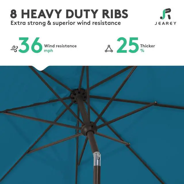 Alt view image 5 of 7 - JEAREY 9FT Outdoor Patio Umbrella Outdoor Table Umbrella with Push Button Tilt and Crank, Market Umbrella 8 Sturdy Ribs UV Protection Waterproof for Garden, Deck, Backyard, Pool (Lake Blue)