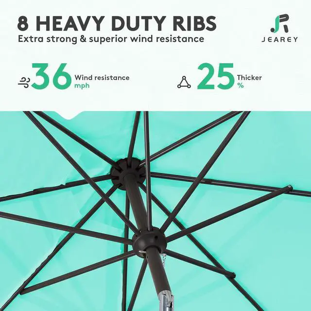 Alt view image 4 of 7 - JEAREY 9FT Outdoor Patio Umbrella Market Umbrella with Push Button Tilt and Crank, Outdoor Table Umbrellas 8 Sturdy Ribs UV Protection Waterproof for Garden, Deck, Backyard, Pool (Teal)