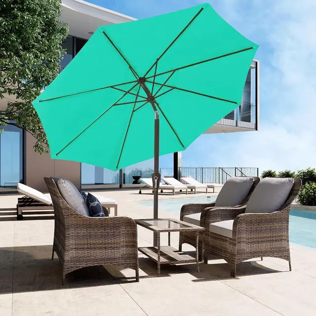 Alt view image 5 of 7 - JEAREY 9FT Outdoor Patio Umbrella Market Umbrella with Push Button Tilt and Crank, Outdoor Table Umbrellas 8 Sturdy Ribs UV Protection Waterproof for Garden, Deck, Backyard, Pool (Teal)