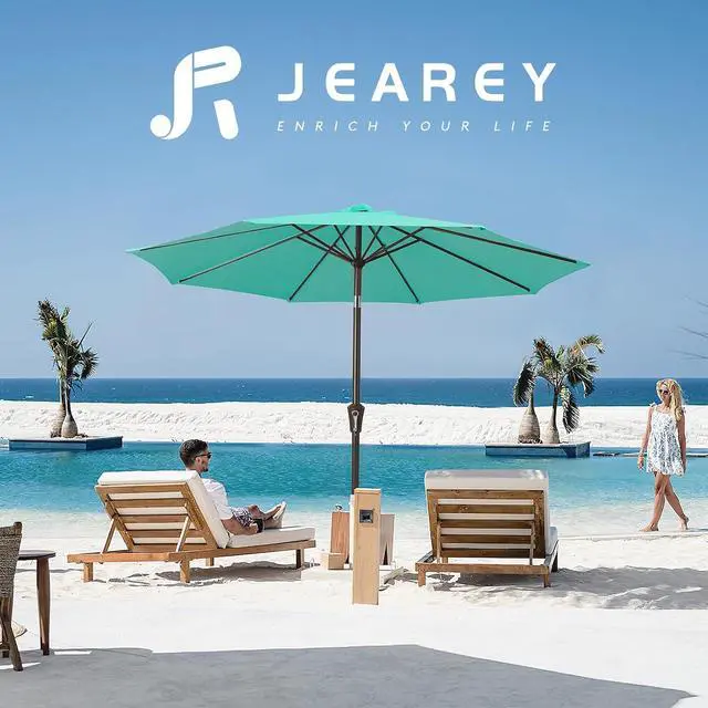 Alt view image 6 of 7 - JEAREY 9FT Outdoor Patio Umbrella Market Umbrella with Push Button Tilt and Crank, Outdoor Table Umbrellas 8 Sturdy Ribs UV Protection Waterproof for Garden, Deck, Backyard, Pool (Teal)