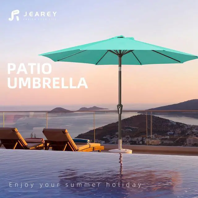 Alt view image 7 of 7 - JEAREY 9FT Outdoor Patio Umbrella Market Umbrella with Push Button Tilt and Crank, Outdoor Table Umbrellas 8 Sturdy Ribs UV Protection Waterproof for Garden, Deck, Backyard, Pool (Teal)