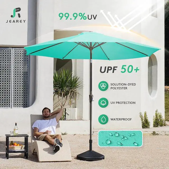 Alt view image 3 of 7 - JEAREY 9FT Outdoor Patio Umbrella Market Umbrella with Push Button Tilt and Crank, Outdoor Table Umbrellas 8 Sturdy Ribs UV Protection Waterproof for Garden, Deck, Backyard, Pool (Teal)
