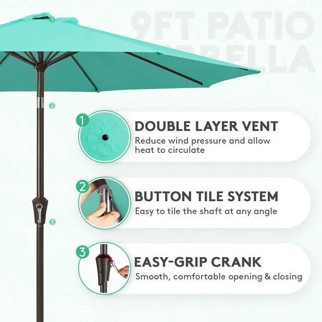 Alt view image 2 of 7 - JEAREY 9FT Outdoor Patio Umbrella Market Umbrella with Push Button Tilt and Crank, Outdoor Table Umbrellas 8 Sturdy Ribs UV Protection Waterproof for Garden, Deck, Backyard, Pool (Teal)