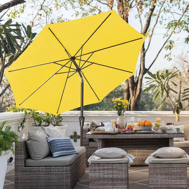 Alt view image 4 of 7 - JEAREY 9FT Outdoor Patio Umbrella Outdoor Table Umbrella with Push Button Tilt and Crank, Market Umbrella 8 Sturdy Ribs UV Protection Waterproof for Garden, Deck, Backyard, Pool (Yellow)