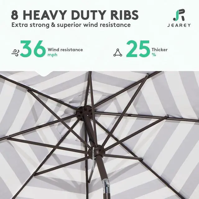 Alt view image 5 of 7 - JEAREY 9FT Outdoor Patio Umbrella Outdoor Table Umbrella with Push Button Tilt and Crank, Market Umbrella 8 Sturdy Ribs UV Protection Waterproof for Garden, Deck, Backyard, Pool (Black & White Stripe)