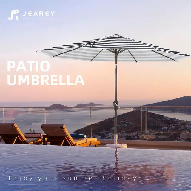 Alt view image 7 of 7 - JEAREY 9FT Outdoor Patio Umbrella Outdoor Table Umbrella with Push Button Tilt and Crank, Market Umbrella 8 Sturdy Ribs UV Protection Waterproof for Garden, Deck, Backyard, Pool (Black & White Stripe)