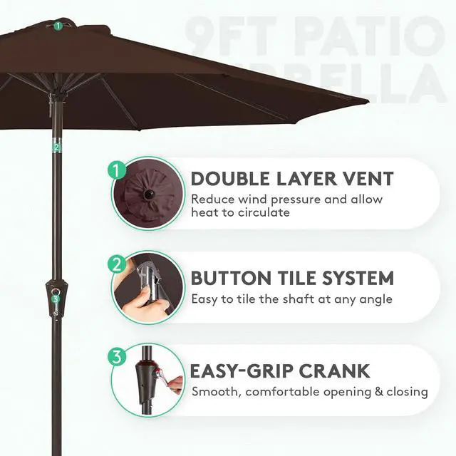 Alt view image 2 of 7 - JEAREY 9FT Outdoor Patio Umbrella Outdoor Table Umbrella with Push Button Tilt and Crank, Market Umbrella 8 Sturdy Ribs UV Protection Waterproof for Garden, Deck, Backyard, Pool (Brown)