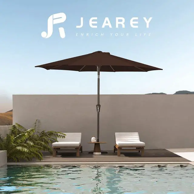 Alt view image 6 of 7 - JEAREY 9FT Outdoor Patio Umbrella Outdoor Table Umbrella with Push Button Tilt and Crank, Market Umbrella 8 Sturdy Ribs UV Protection Waterproof for Garden, Deck, Backyard, Pool (Brown)