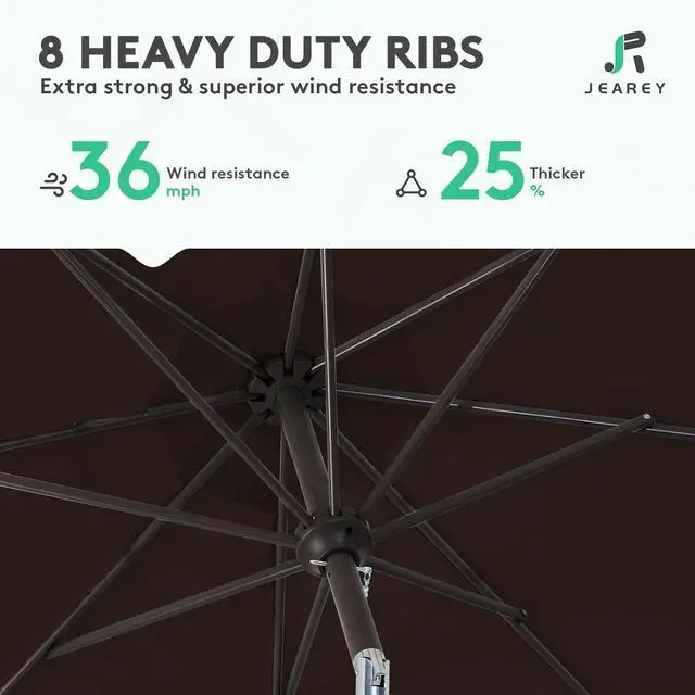 Alt view image 5 of 7 - JEAREY 9FT Outdoor Patio Umbrella Outdoor Table Umbrella with Push Button Tilt and Crank, Market Umbrella 8 Sturdy Ribs UV Protection Waterproof for Garden, Deck, Backyard, Pool (Brown)