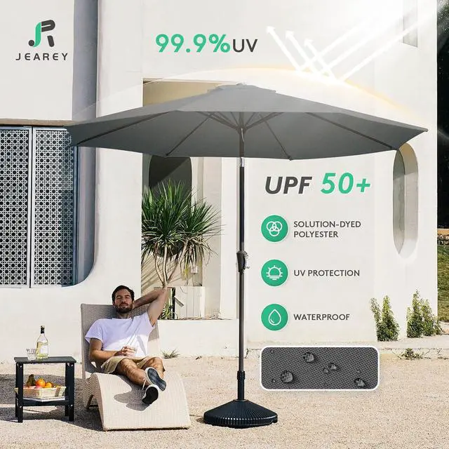 Alt view image 3 of 7 - JEAREY 9FT Outdoor Patio Umbrella Outdoor Table Umbrella with Push Button Tilt and Crank, Market Umbrella 8 Sturdy Ribs UV Protection Waterproof for Garden, Deck, Backyard, Pool (Dark Gray)