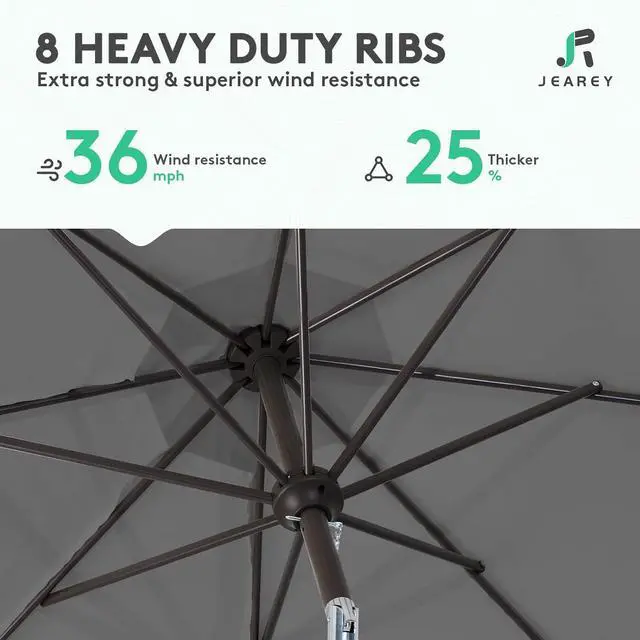 Alt view image 5 of 7 - JEAREY 9FT Outdoor Patio Umbrella Outdoor Table Umbrella with Push Button Tilt and Crank, Market Umbrella 8 Sturdy Ribs UV Protection Waterproof for Garden, Deck, Backyard, Pool (Dark Gray)