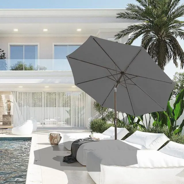 Alt view image 4 of 7 - JEAREY 9FT Outdoor Patio Umbrella Outdoor Table Umbrella with Push Button Tilt and Crank, Market Umbrella 8 Sturdy Ribs UV Protection Waterproof for Garden, Deck, Backyard, Pool (Dark Gray)