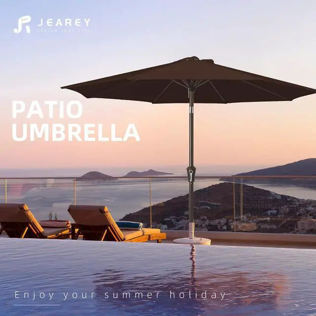 Alt view image 7 of 7 - JEAREY 9FT Outdoor Patio Umbrella Outdoor Table Umbrella with Push Button Tilt and Crank, Market Umbrella 8 Sturdy Ribs UV Protection Waterproof for Garden, Deck, Backyard, Pool (Brown)