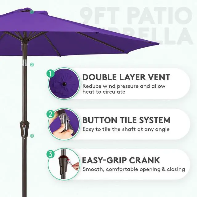 Alt view image 2 of 7 - JEAREY 9FT Outdoor Patio Umbrella Outdoor Table Umbrella with Push Button Tilt and Crank, Market Umbrella 8 Sturdy Ribs UV Protection Waterproof for Garden, Deck, Backyard, Pool (Dark Purple)