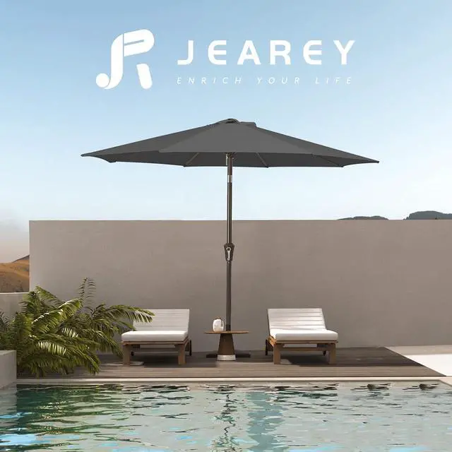 Alt view image 6 of 7 - JEAREY 9FT Outdoor Patio Umbrella Outdoor Table Umbrella with Push Button Tilt and Crank, Market Umbrella 8 Sturdy Ribs UV Protection Waterproof for Garden, Deck, Backyard, Pool (Dark Gray)