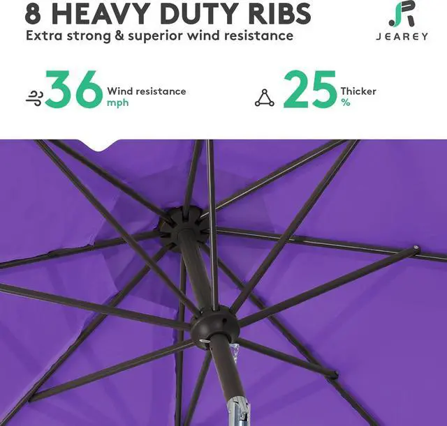 Alt view image 5 of 7 - JEAREY 9FT Outdoor Patio Umbrella Outdoor Table Umbrella with Push Button Tilt and Crank, Market Umbrella 8 Sturdy Ribs UV Protection Waterproof for Garden, Deck, Backyard, Pool (Dark Purple)