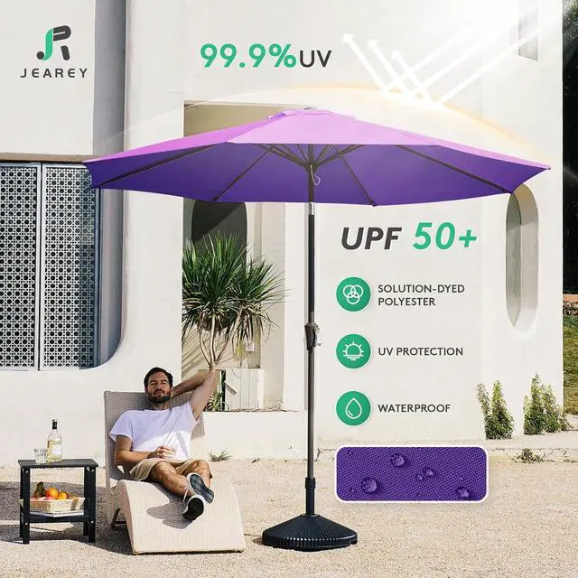 Alt view image 3 of 7 - JEAREY 9FT Outdoor Patio Umbrella Outdoor Table Umbrella with Push Button Tilt and Crank, Market Umbrella 8 Sturdy Ribs UV Protection Waterproof for Garden, Deck, Backyard, Pool (Dark Purple)