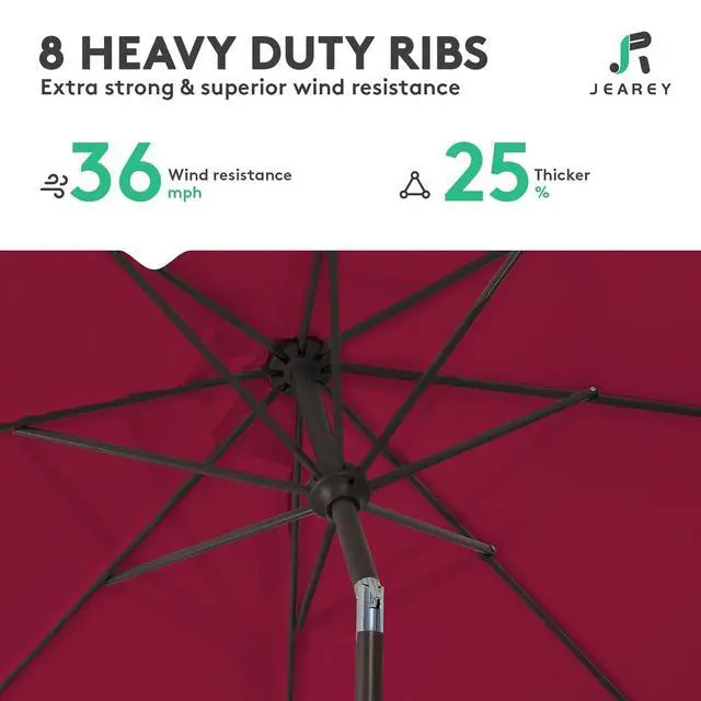 Alt view image 5 of 7 - JEAREY 9FT Outdoor Patio Umbrella Outdoor Table Umbrella with Push Button Tilt and Crank, Market Umbrella 8 Sturdy Ribs UV Protection Waterproof for Garden, Deck, Backyard, Pool (Brick Red)