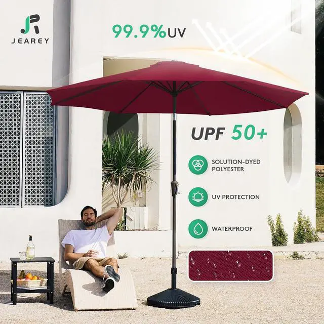 Alt view image 3 of 7 - JEAREY 9FT Outdoor Patio Umbrella Outdoor Table Umbrella with Push Button Tilt and Crank, Market Umbrella 8 Sturdy Ribs UV Protection Waterproof for Garden, Deck, Backyard, Pool (Brick Red)