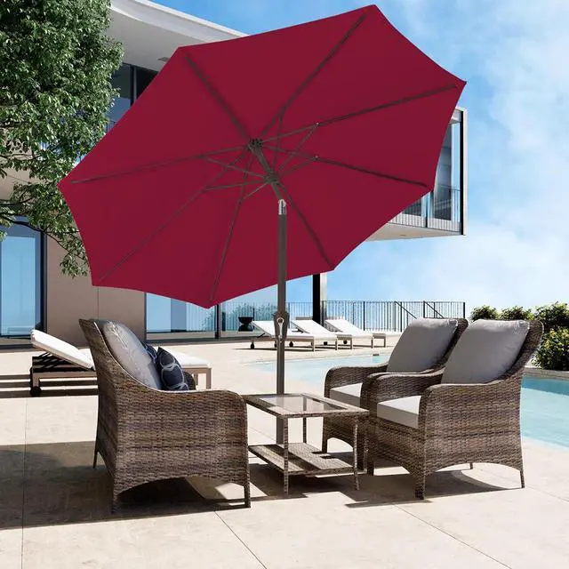 Alt view image 4 of 7 - JEAREY 9FT Outdoor Patio Umbrella Outdoor Table Umbrella with Push Button Tilt and Crank, Market Umbrella 8 Sturdy Ribs UV Protection Waterproof for Garden, Deck, Backyard, Pool (Brick Red)