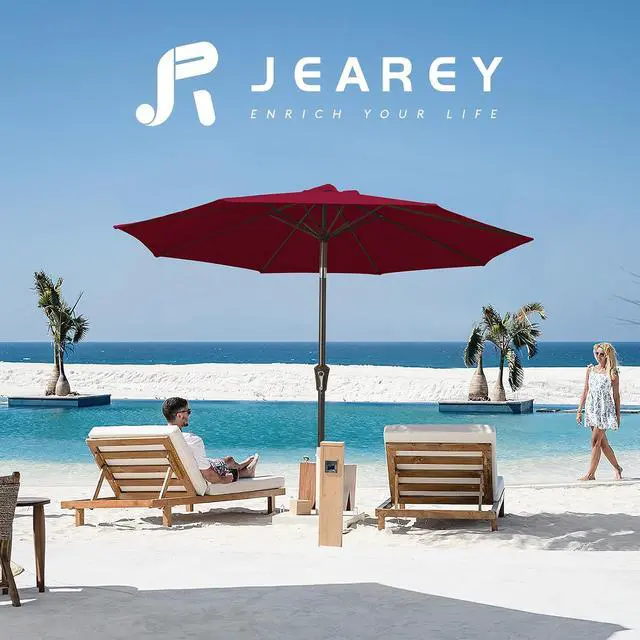 Alt view image 6 of 7 - JEAREY 9FT Outdoor Patio Umbrella Outdoor Table Umbrella with Push Button Tilt and Crank, Market Umbrella 8 Sturdy Ribs UV Protection Waterproof for Garden, Deck, Backyard, Pool (Brick Red)