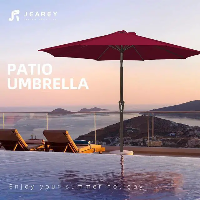 Alt view image 7 of 7 - JEAREY 9FT Outdoor Patio Umbrella Outdoor Table Umbrella with Push Button Tilt and Crank, Market Umbrella 8 Sturdy Ribs UV Protection Waterproof for Garden, Deck, Backyard, Pool (Brick Red)