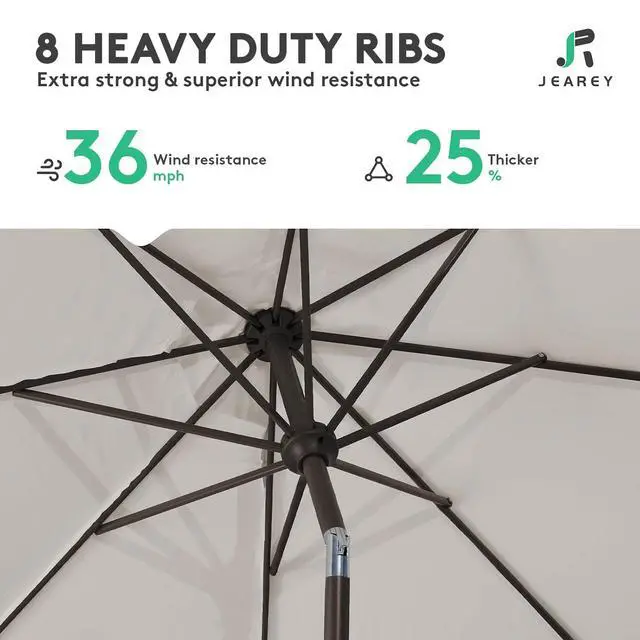 Alt view image 5 of 7 - JEAREY 9FT Outdoor Patio Umbrella Outdoor Table Umbrella with Push Button Tilt and Crank, Market Umbrella 8 Sturdy Ribs UV Protection Waterproof for Garden, Deck, Backyard, Pool (Fog Gray)