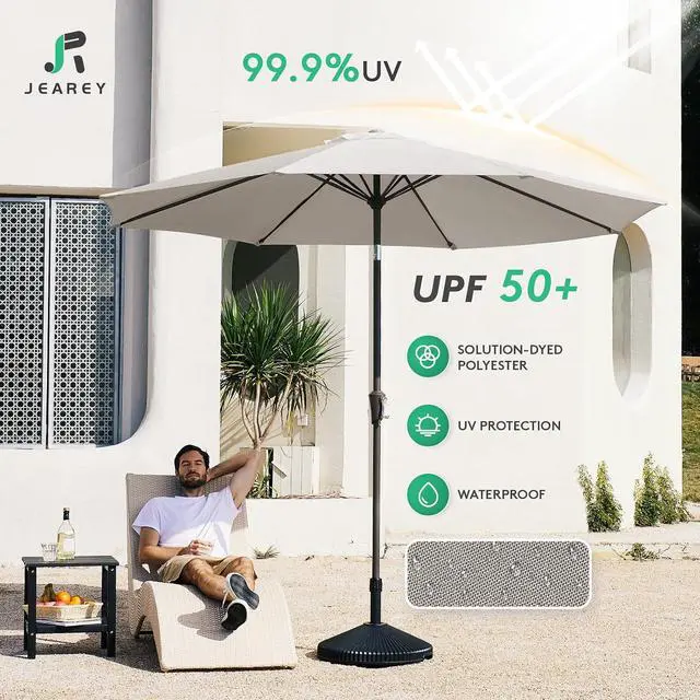 Alt view image 3 of 7 - JEAREY 9FT Outdoor Patio Umbrella Outdoor Table Umbrella with Push Button Tilt and Crank, Market Umbrella 8 Sturdy Ribs UV Protection Waterproof for Garden, Deck, Backyard, Pool (Fog Gray)