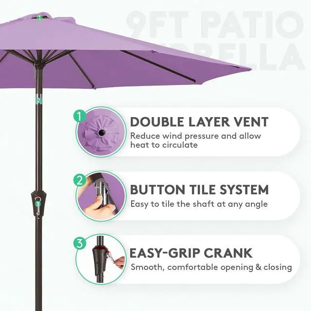 Alt view image 2 of 7 - JEAREY 9FT Outdoor Patio Umbrella Outdoor Table Umbrella with Push Button Tilt and Crank, Market Umbrella 8 Sturdy Ribs UV Protection Waterproof for Garden, Deck, Backyard, Pool (Taro Purple)