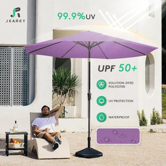 Alt view image 3 of 7 - JEAREY 9FT Outdoor Patio Umbrella Outdoor Table Umbrella with Push Button Tilt and Crank, Market Umbrella 8 Sturdy Ribs UV Protection Waterproof for Garden, Deck, Backyard, Pool (Taro Purple)